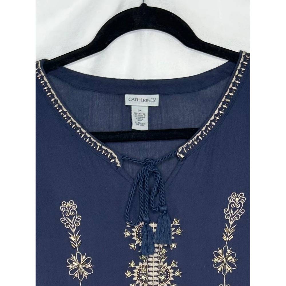Catherines Womens Navy Embroidered Tassel Tie Peasant Blouse 3/4 Sleeve Sz 3X - Picture 5 of 7